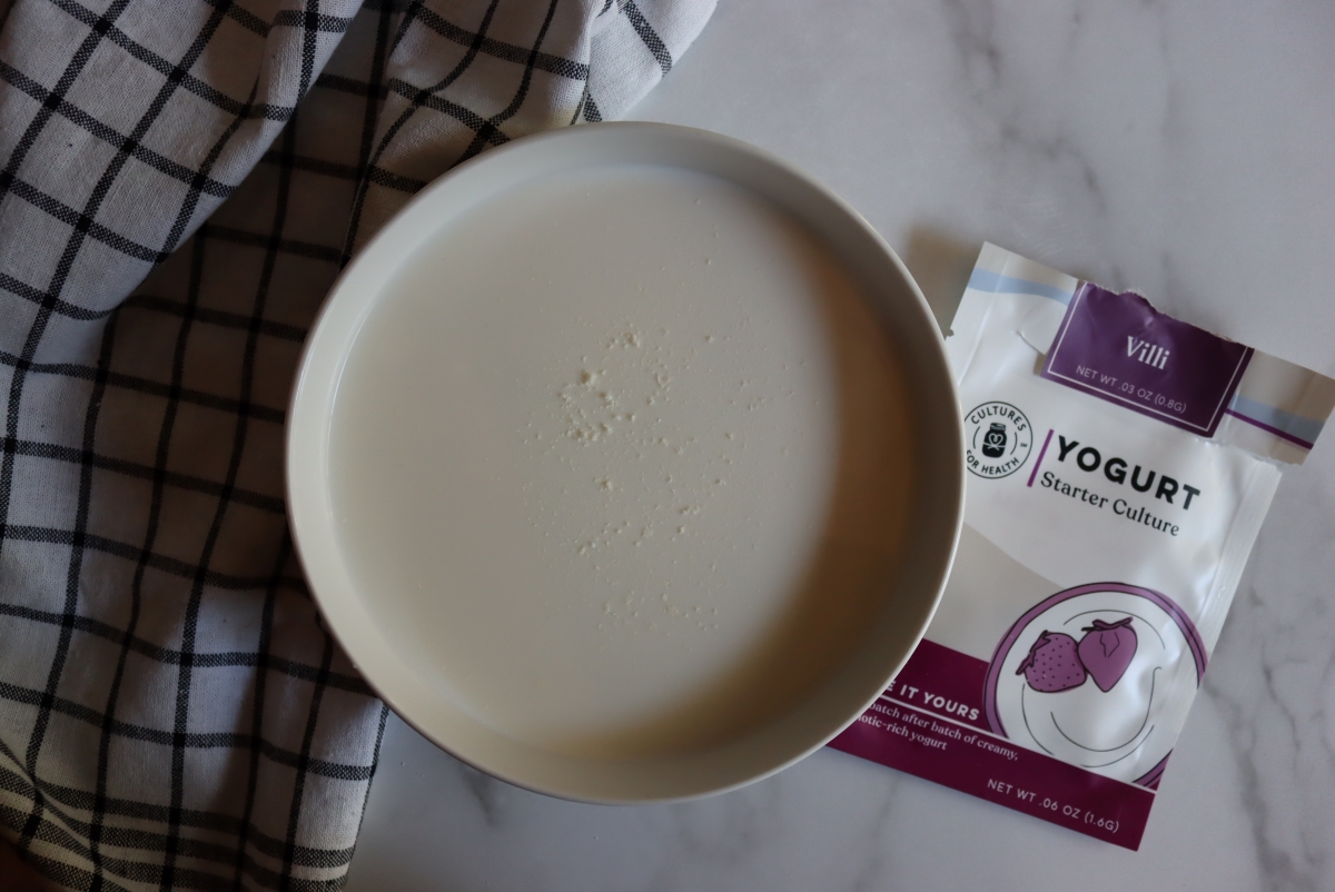 Viili Yogurt right after I've dusted the starter culture on the top of the milk. It'll be ready in 12-24 hours.