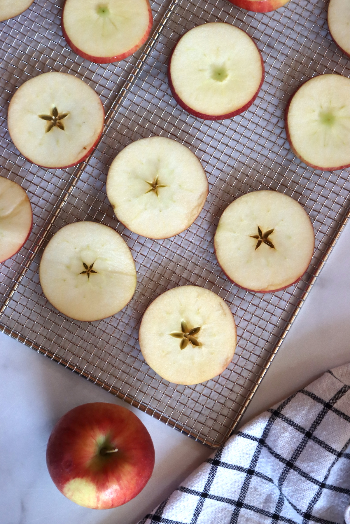 Fresh apple slices, about to be put into the dehydrator