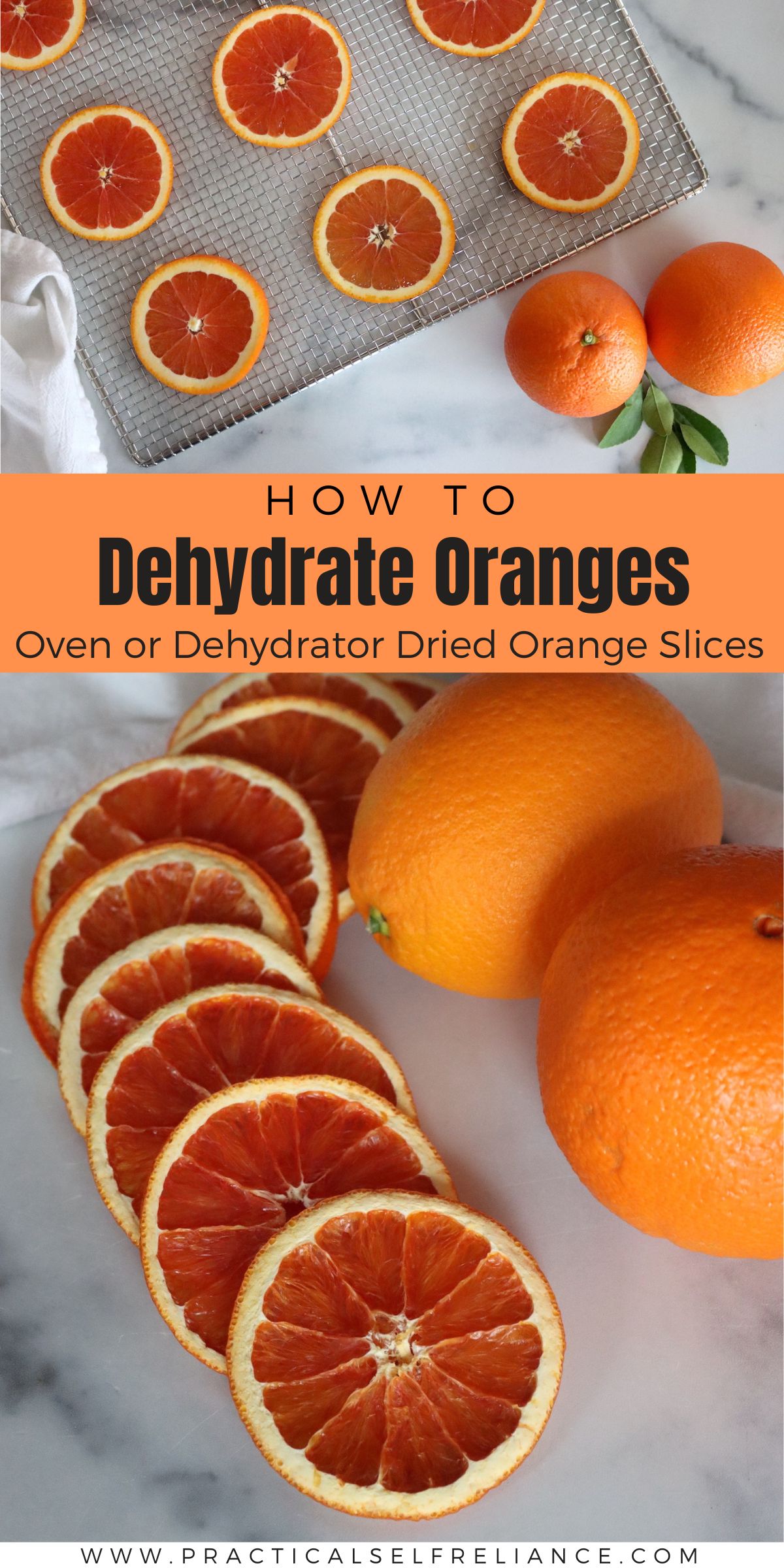 Dried orange slices on a drying rack with whole oranges, pin image for how to dehydrate oranges
